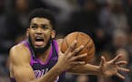 Minnesota Timberwolves center Karl-Anthony Towns (32) headed to the net where he put up a third quarter basket. He finished with 25 points for the nig