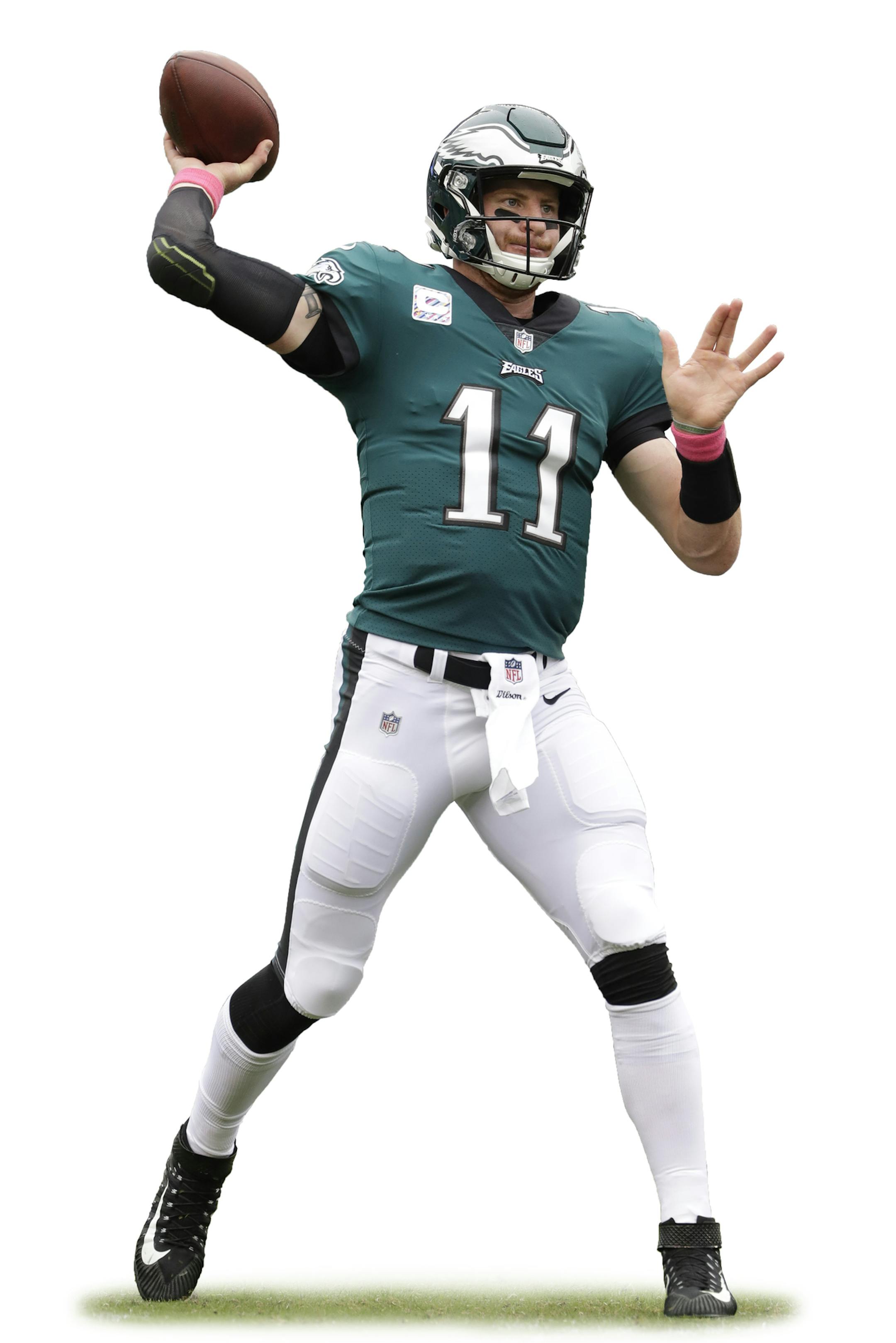 Philadelphia Eagles' Carson Wentz warms up before an NFL football game against the Arizona Cardinals, Sunday, Oct. 8, 2017, in Philadelphia. (AP Photo/Michael Perez) ORG XMIT: _23S5876