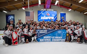 Wisconsin-River Falls women's hockey players celebrated their Division III national championship and perfect season Sunday on their home ice.
