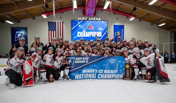 Wisconsin-River Falls women's hockey players celebrated their Division III national championship and perfect season Sunday on their home ice.