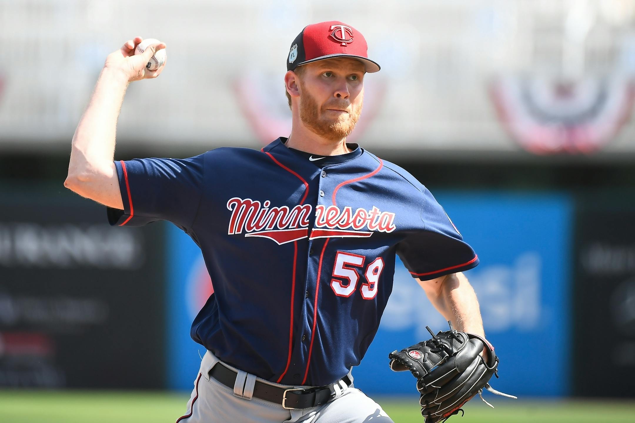 Minnesota Twins relief pitcher Michael Tonkin (59) threw the ball during live batting practice Sunday.