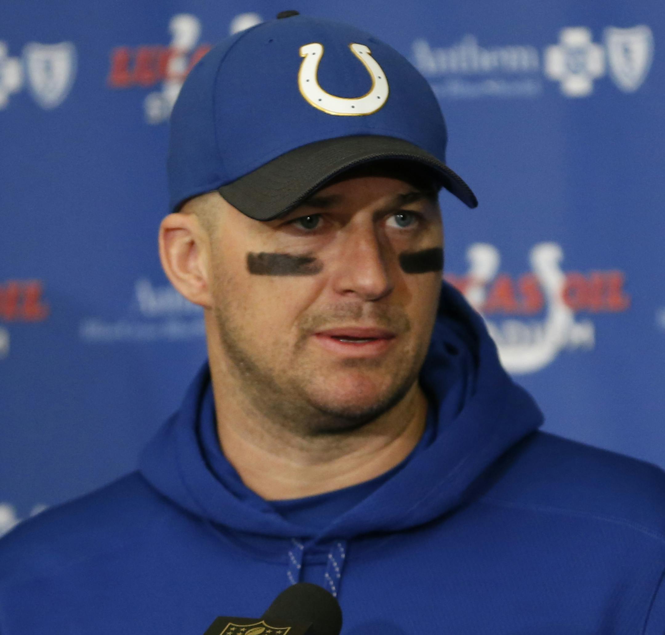 Indianapolis Colts quarterback Matt Hasselbeck (8) during a press conference following an NFL football game in Indianapolis, Sunday, Nov. 29, 2015. The Colts defeated the Tampa Bay Buccaneers 25-12. (AP Photo/AJ Mast)