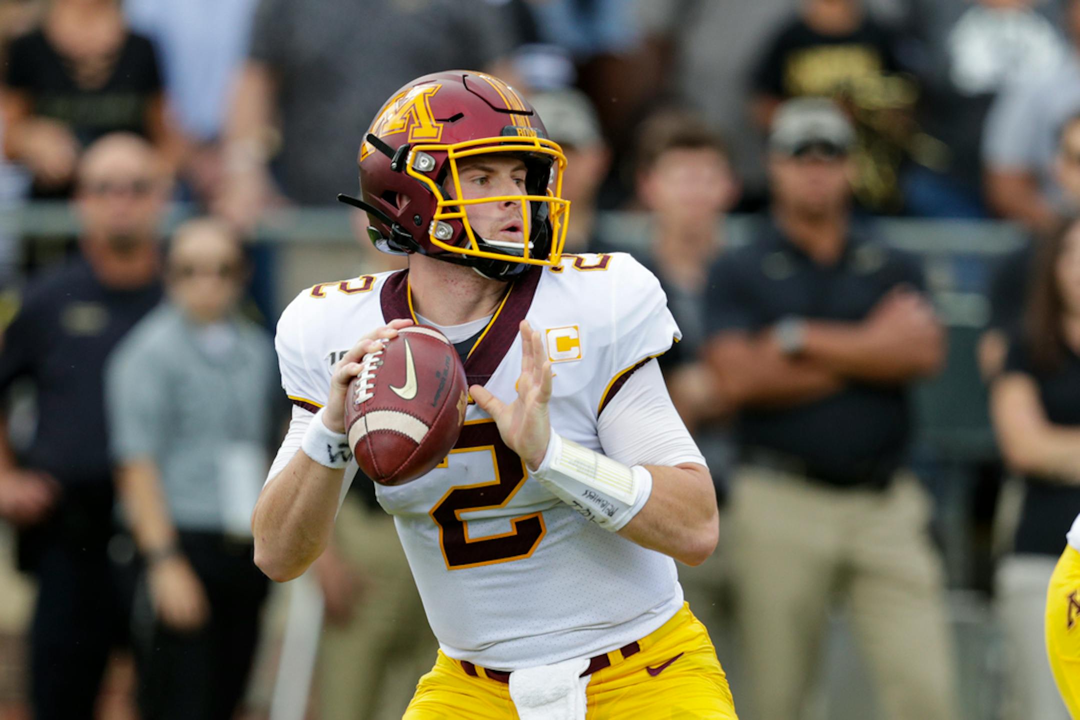 Minnesota quarterback Tanner Morgan (2) throws against Purdue during the first half of an NCAA college football game in West Lafayette, Ind., Saturday, Sept. 28, 2019. (AP Photo/Michael Conroy) ORG XMIT: INMC10