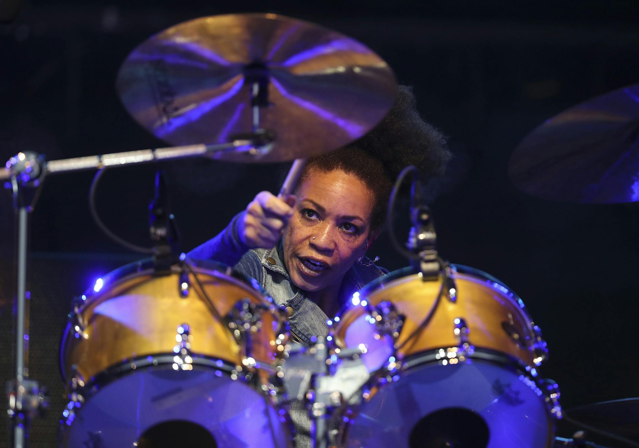 Drummer Cindy Blackman Santana early in Carlos Santana's set Thursday night at the Mystic Amphitheater. ] JEFF WHEELER &#xef; jeff.wheeler@startribune.com Carlos Santana and his band performed at the Mystic Amphitheater in Prior Lake Thursday night, July 13, 2017.