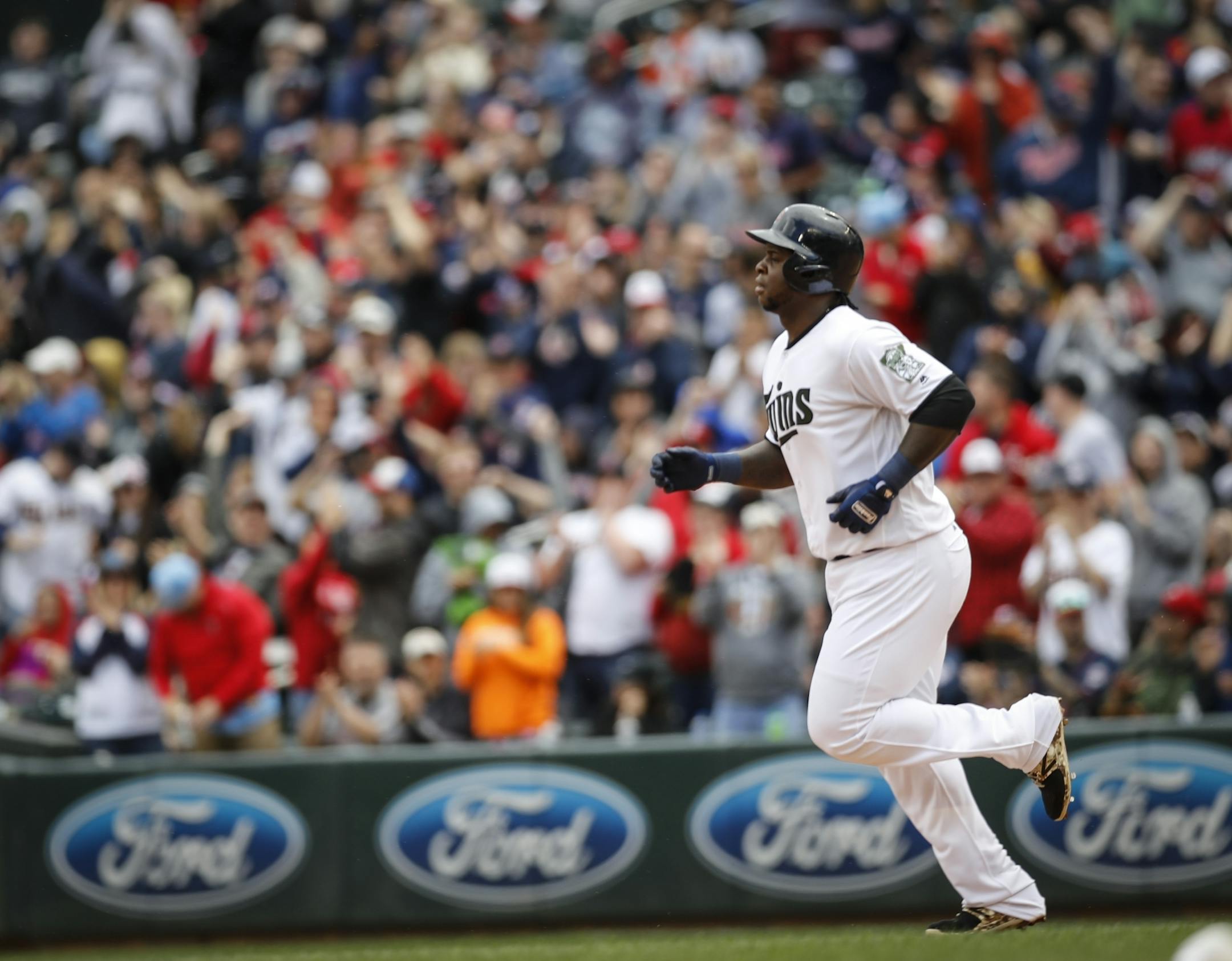 Minnesota's Miguel Sano runs the bases after hitting a two-run home run in the bottom of the fifth inning against the Houston Astros at Target Field in Minneapolis, Minn. on Monday, May 29, 2017.