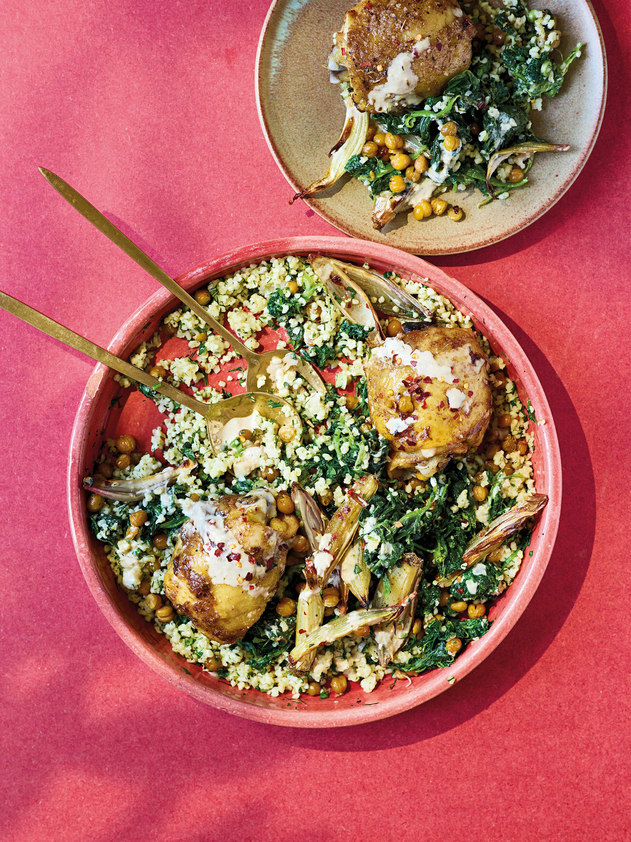 For a quick weeknight meal or a no-fuss Sunday supper, try Ras el Hanout Chicken with Chickpeas and Herbed Bulgur from "Leon: Big Salads" by Rebecca Seal (Conran, 2023). Credit: Steven Joyce