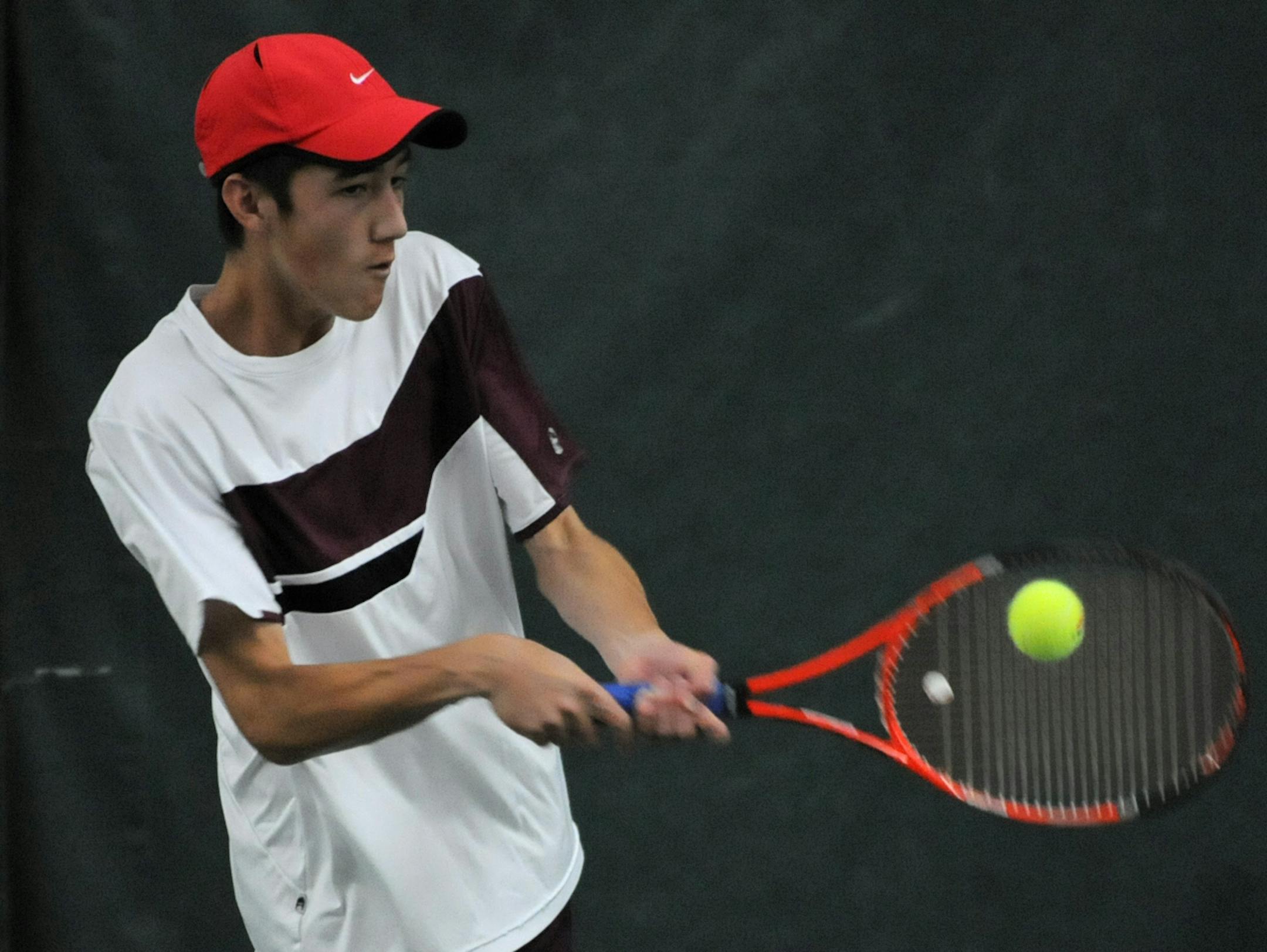 2013 State Class AA Boy's Tennis Tournament at the U of M Baseline Tennis Center was held on Monday June 4, 2013. Maple Grove's Zachary Adkins, during the match he won in straight sets.] Richard.Sennott@startribune.com Richard Sennott/Star Tribune. , Minneapolis, Minnesota Tuesday 6/4/13) ** (cq)