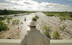 Tex Toler watches the Llano River rise, Friday, May 29, 2015, in Llano, Texas, after another round of heavy rain. Officials are closely monitoring the