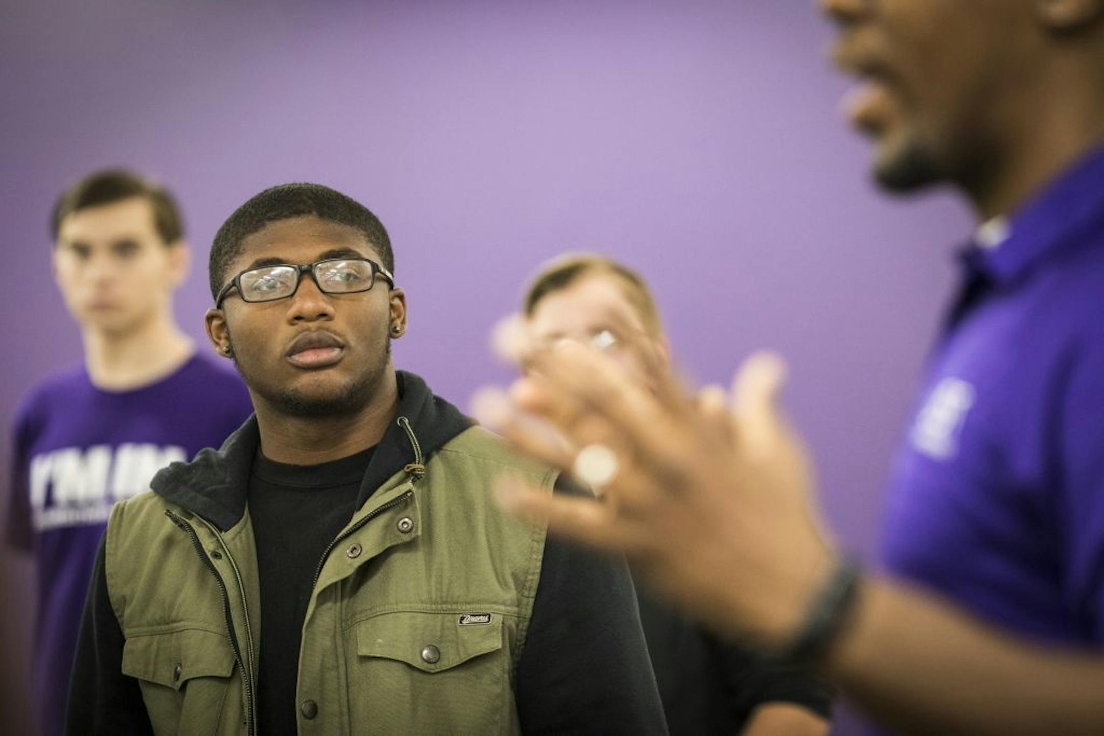 Dean Alvin Abraham, at left, spoke as future student Cin Morris, who graduated from Washburn this spring, listened as he and other prospective students toured the the Dougherty Family College at the St. Thomas Minneapolis campus on August 3, 2017 in Minneapolis, Minn.