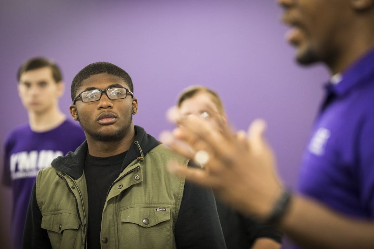 Dean Alvin Abraham, at left, spoke as future student Cin Morris, who graduated from Washburn this spring, listened as he and other prospective students toured the the Dougherty Family College at the St. Thomas Minneapolis campus on August 3, 2017 in Minneapolis, Minn.