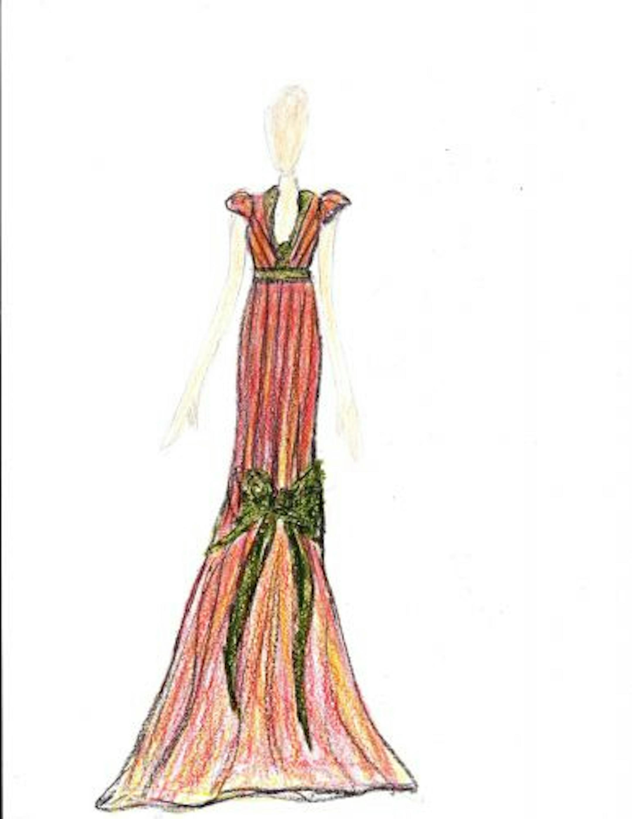 Sketches of vintage-inspired outfits by local designers, which will be featured in a fashion show at RetroRama, include Joynoelle's 1930s Hollywood Glamour inspired piece