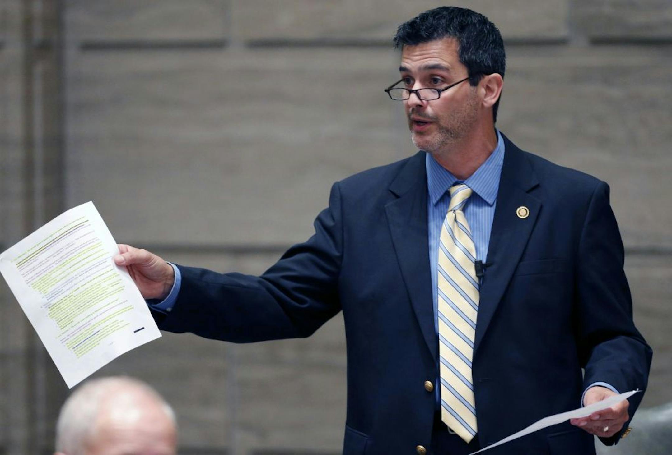 Sen. Brian Nieves, R-Washington, debates the override the governors veto of a bill that attempts to nullify certain federal gun laws of during special session at the Missouri State Capital in Jefferson City, Mo., Wednesday, Sept. 11, 2013.