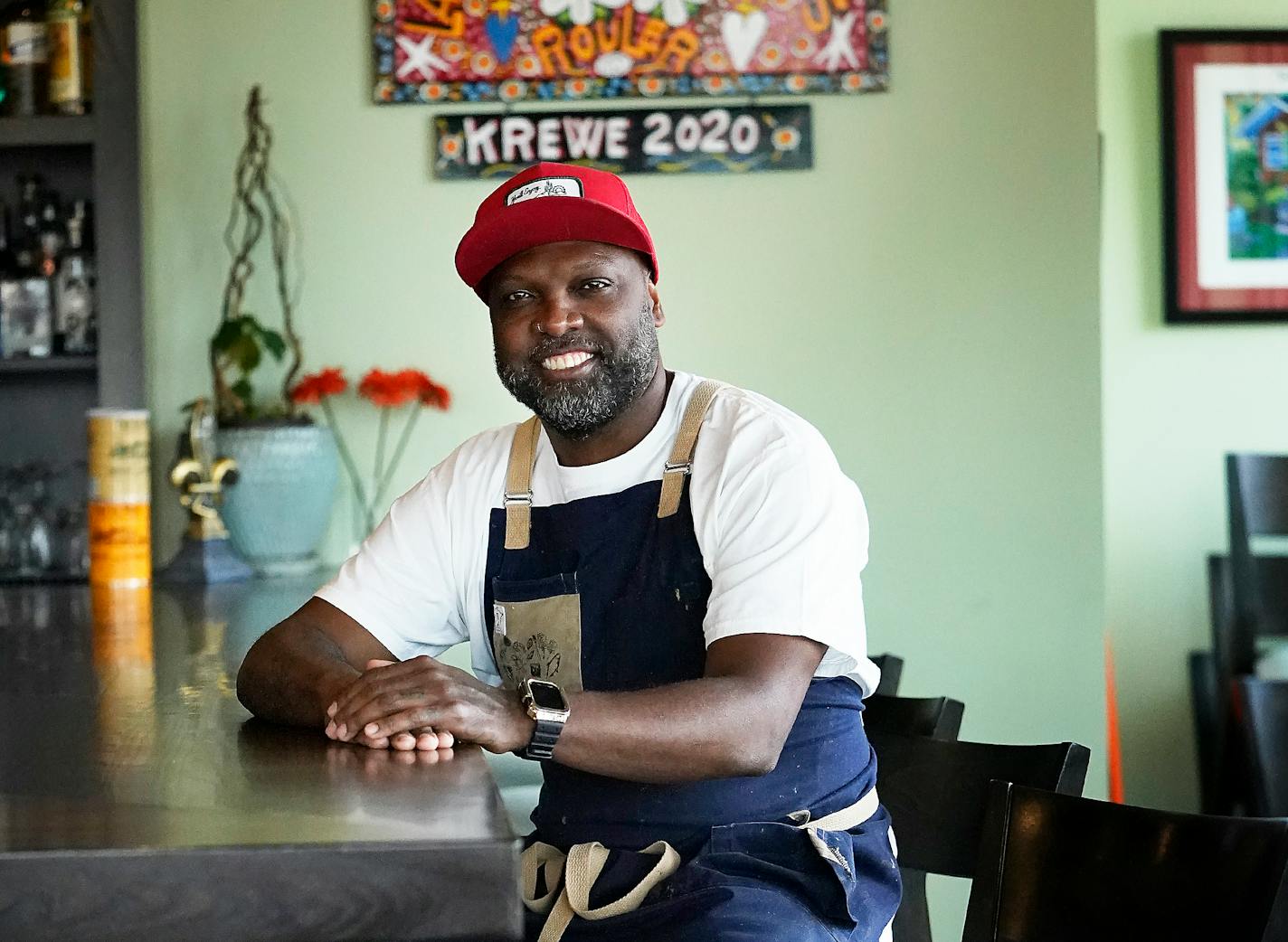 Krewe chef and co-owner Mateo Mackbee in his New Orleans-style restaurant and seen Thursday in St. Joseph. ]