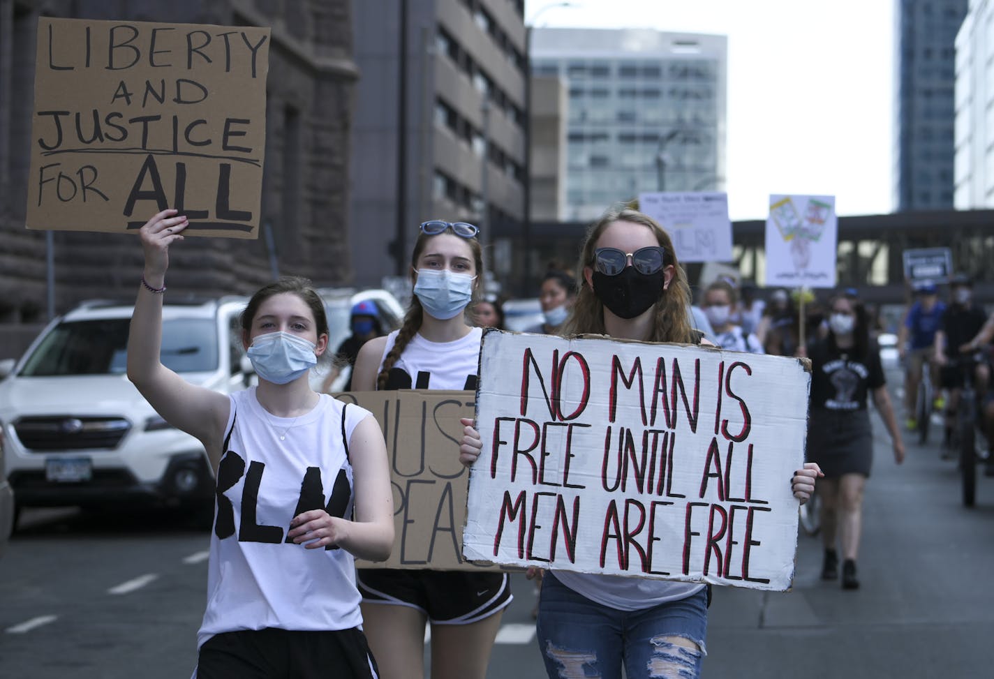 Some demonstrators without bikes and skateboards marched through downtown Minneapolis during the "Roll4Justice" ride Saturday. ] aaron.lavinsky@startribune.com Cyclists and skateboarders took part in a Roll4Justice Rally, in recognition of George Floyd, on Saturday, July 4, 2020 in Minneapolis, Minn. It began at the Hennepin County Government Center and made its way toward Bde Maka Ska.