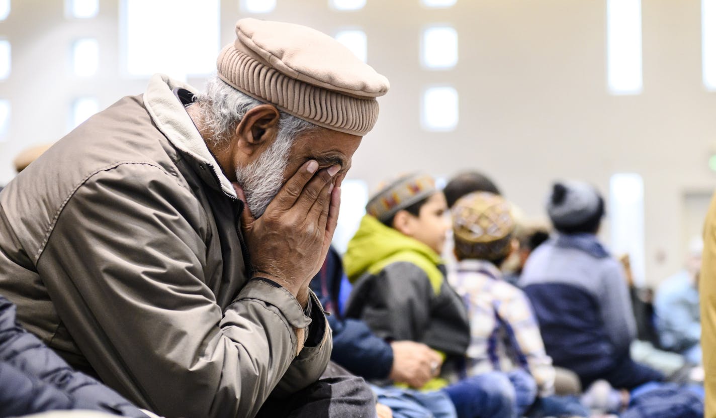 Members of Ahmadiyya Muslim Jama'at Canada gather at the Baitul Islam Mosque during a special prayer in in Vaughan, Ontario for the victims of the deadly attacks on mosques in New Zealand on Friday, March 15, 2019. (Christopher Katsarov/The Canadian Press via AP)