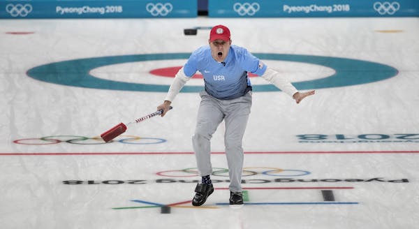 Team skip John Shuster reacted after throwing the last stone and scoring 5 on the eighth end to give the USA a 10-5 lead. Team USA beat Sweden 10-7 at