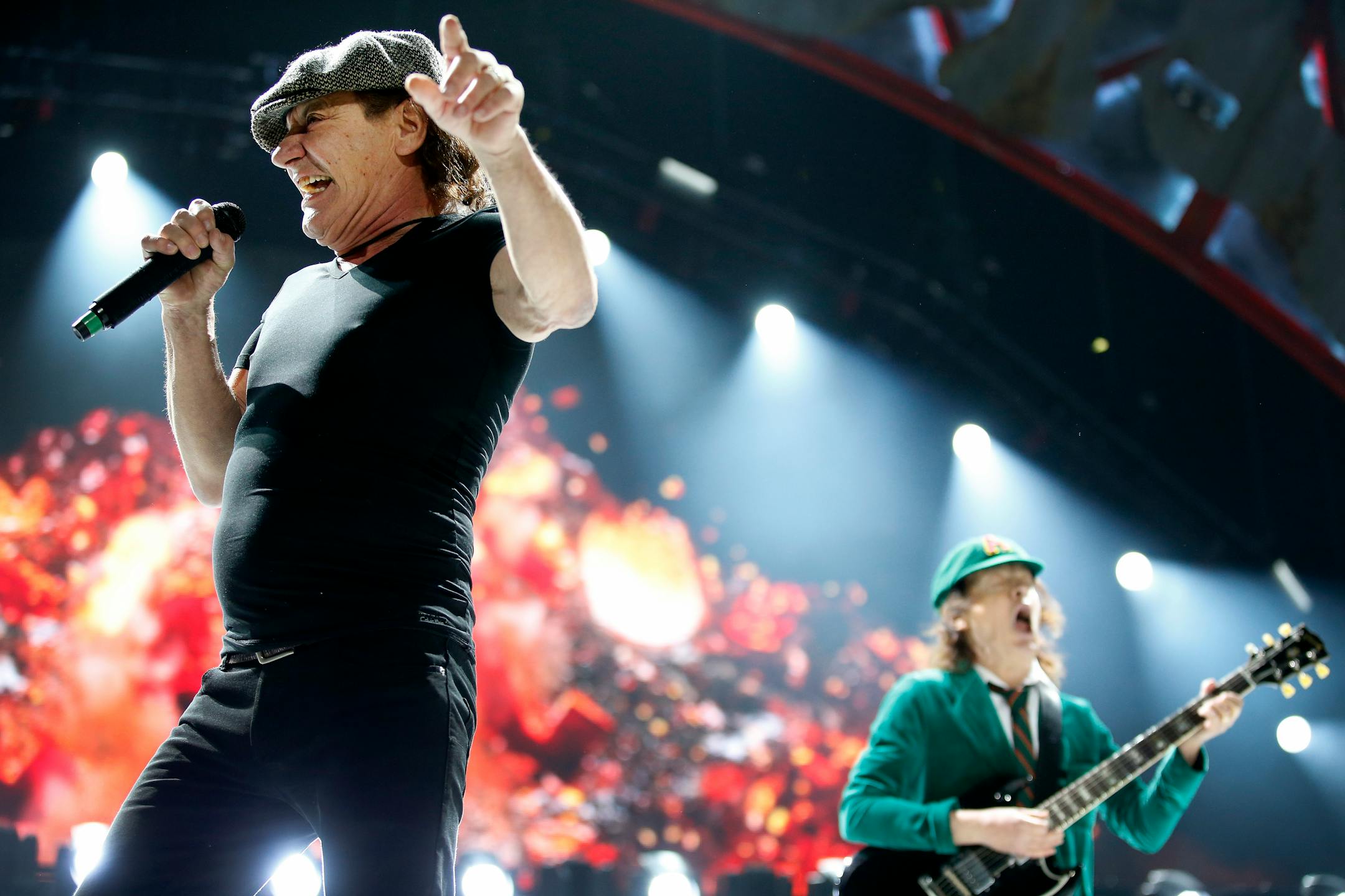 Brian Johnson, Angus Young and AC/DC performed at the Xcel Energy Center on Sunday night. ] CARLOS GONZALEZ cgonzalez@startribune.com - February 14, 2016, New St. Paul, MN, Xcel Energy Center, AC/DC Concert