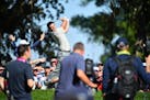 Europe's Rory McIlroy teed off on the eighth hole during the afternoon four-ball matches at the Ryder Cup.