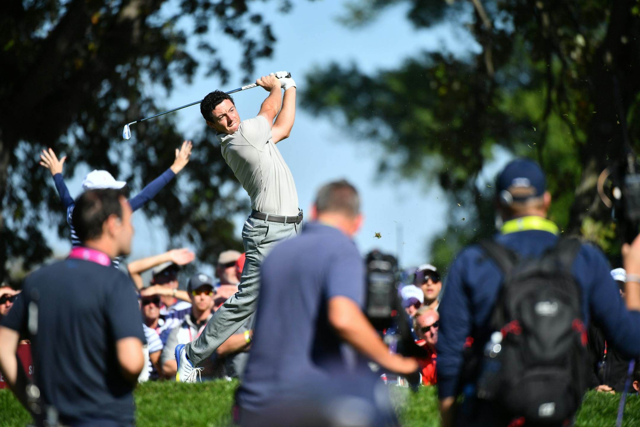 Europe's Rory McIlroy teed off on the eighth hole during the afternoon four-ball matches at the Ryder Cup.