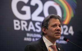 Brazilian Economy Minister Fernando Haddad attends a news conference to review the G20 Finance Ministers and Central Bank Governors Meeting, in Rio de