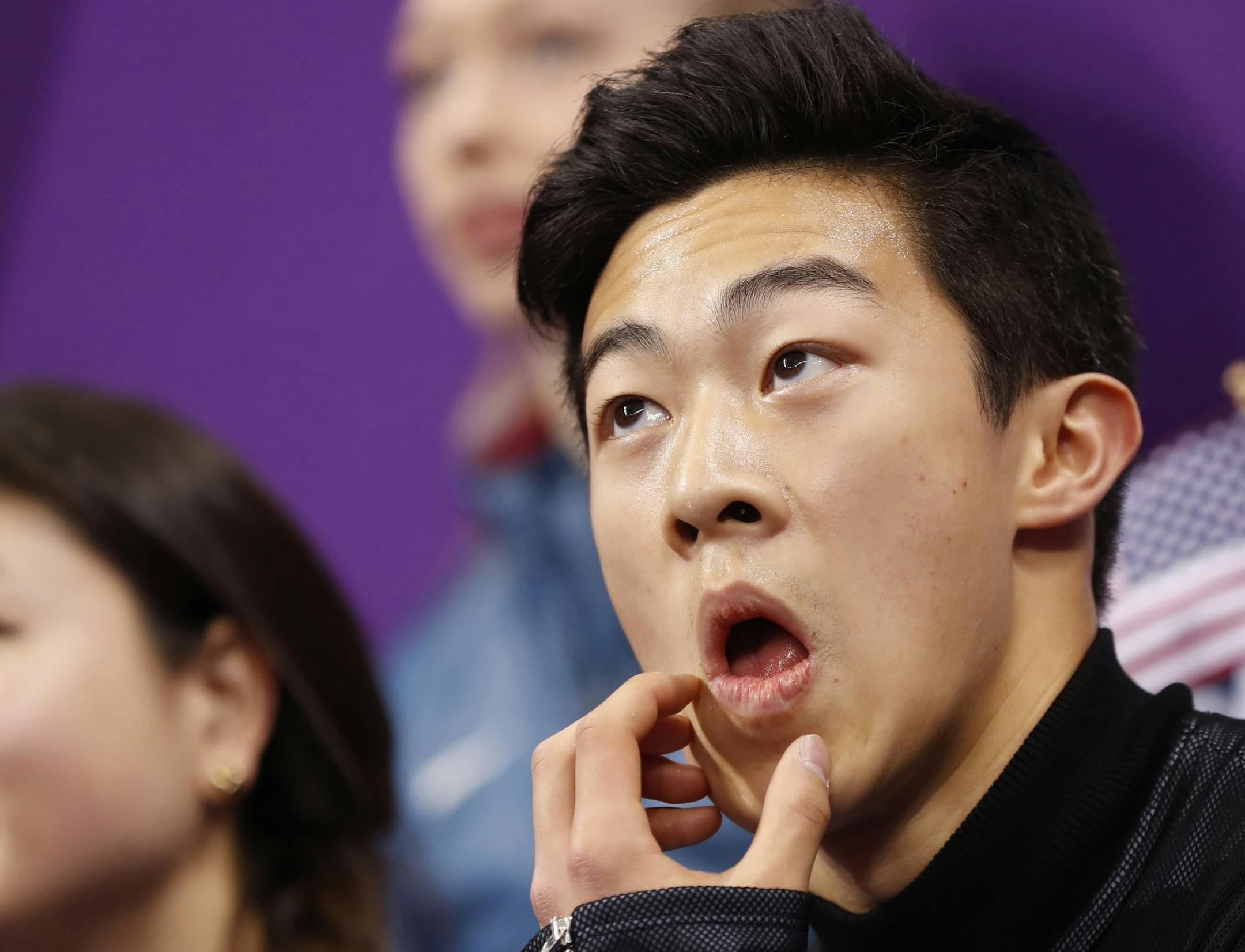 United States' Nathan Chen waits for his score in the men's single short program team event at the 2018 Winter Olympics in Gangneung, South Korea, Friday, Feb. 9, 2018. (AP Photo/Bernat Armangue)