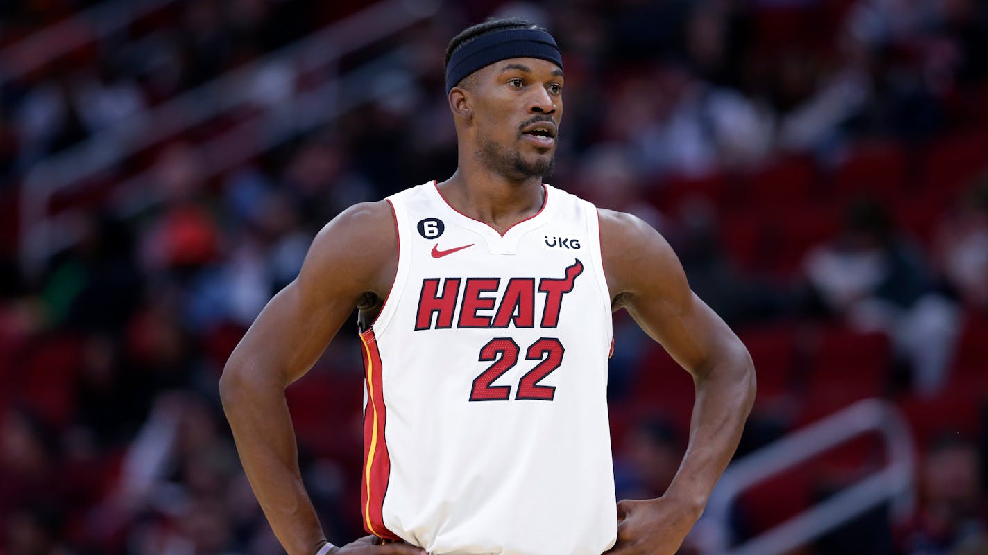 Miami Heat forward Jimmy Butler during the second half of an NBA basketball game against the Houston Rockets Thursday, Dec. 15, 2022, in Houston. (AP Photo/Michael Wyke)