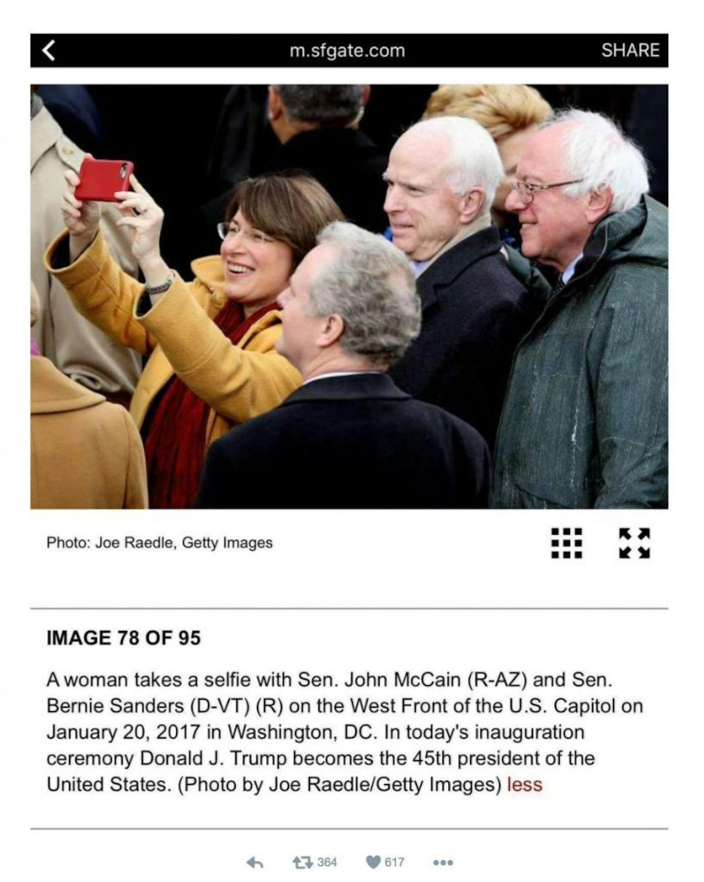 A screen shot of a slide show of images from the inauguration of Donald J. Trump on sfgate.com shows a photograph of Minnesota Sen. Amy Klobuchar taking a selfie with Arizona Sen. John McCain and Vermont Sen. Bernie Sanders. The image, as initially transmitted by the wire service Getty Images, referred to the senior senator from Minnesota as "A woman."