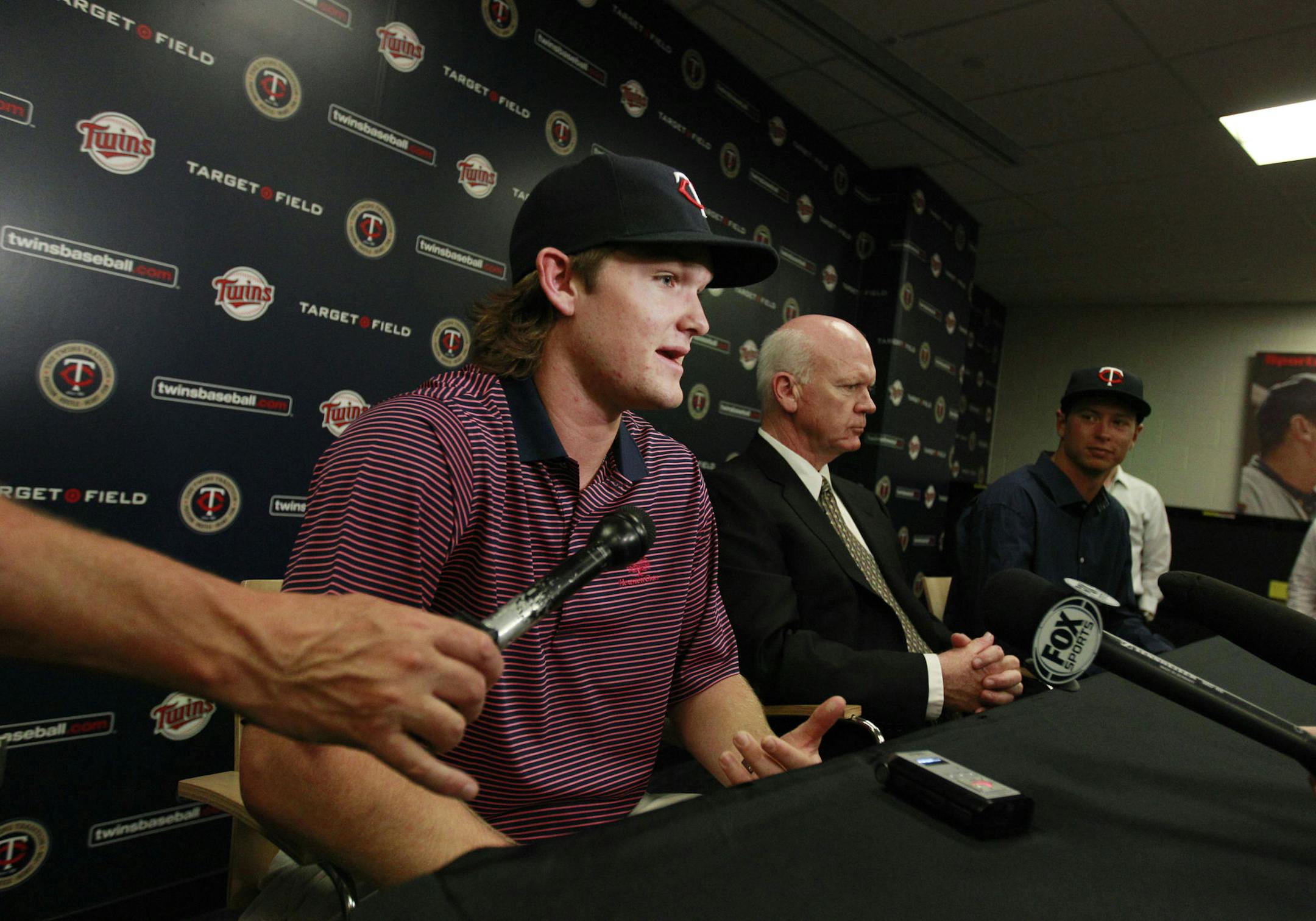 Minnesota Twins first-round draft pick Kohl Stewart, a right-handed pitcher from Houston, Texas, answers questions during a baseball news conference on Wednesday, June 19, 2013, in Minneapolis. Stewart was the fourth overall pick in the MLB first-year player draft. (AP Photo/Genevieve Ross) ORG XMIT: MIN2013061919350442