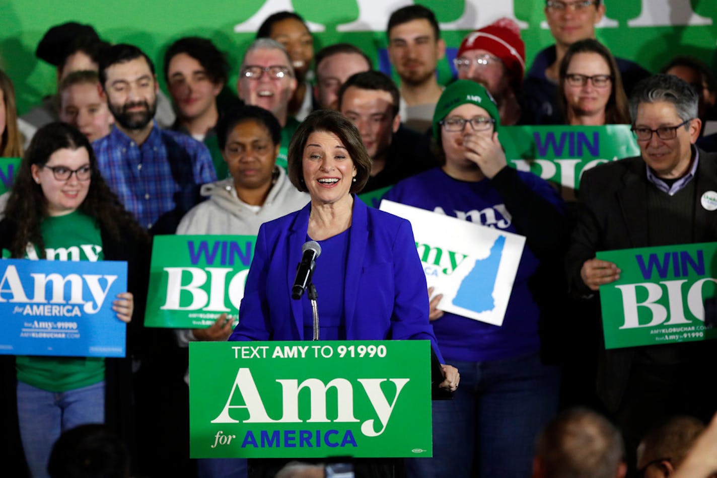 Democratic presidential candidate Sen. Amy Klobuchar, D-Minn., speaks at her election night party, Tuesday, Feb. 11, 2020, in Concord, N.H.