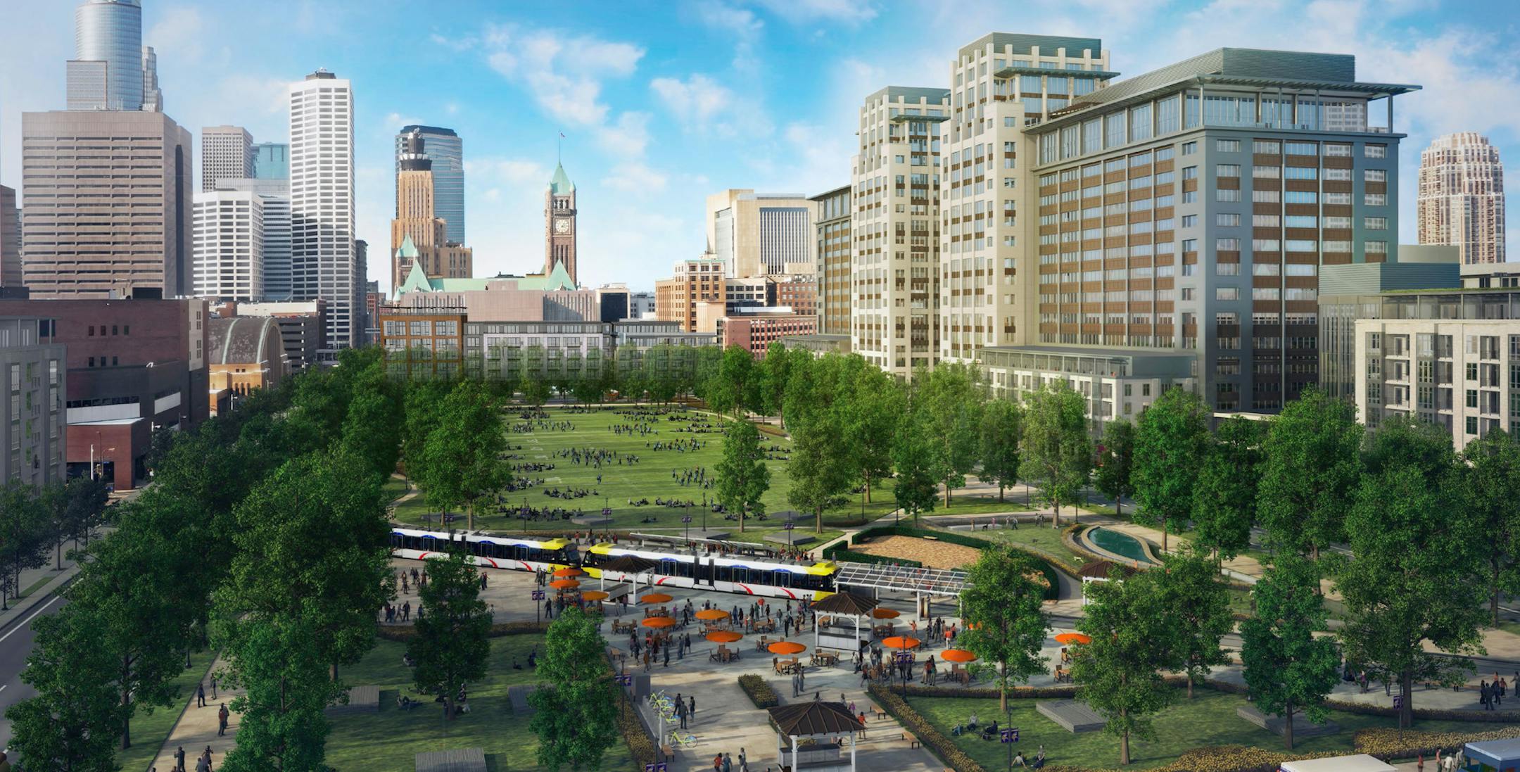 Ryan Companies proposes a $400 million redevelopment of five blocks now dominated by surface parking lots between the downtown central business district and the new Vikings stadium. This revised rendering includes an apartment building on the west end of the park space. ORG XMIT: MIN1311131147280511