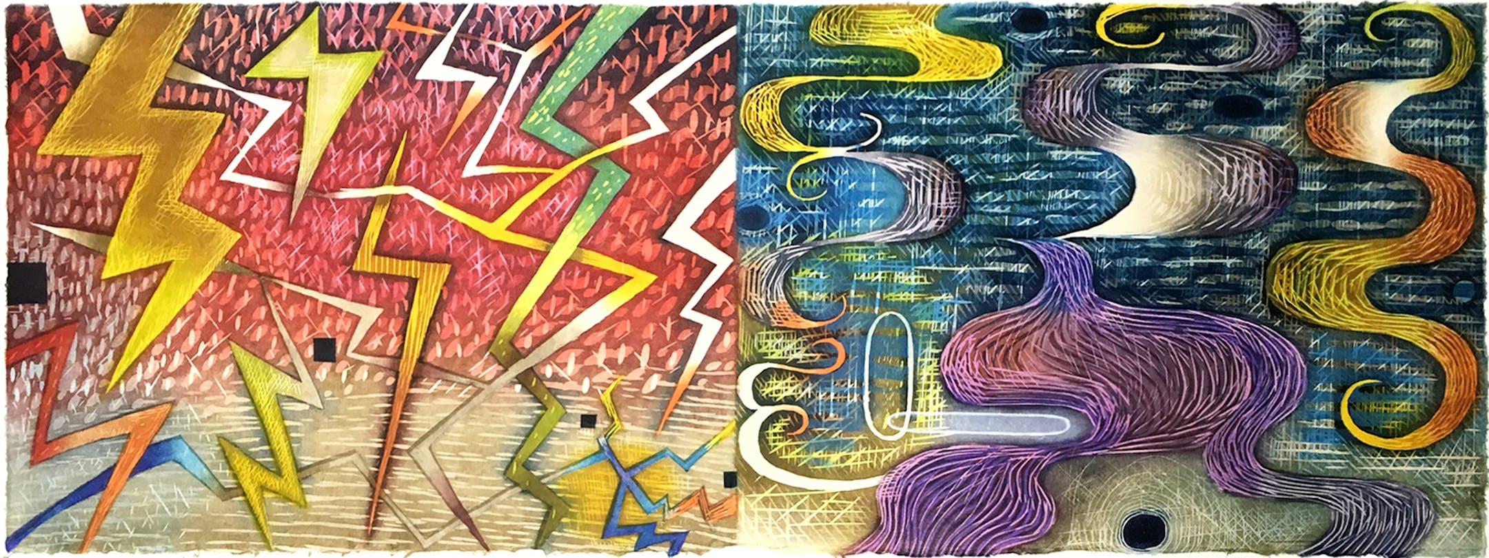 Provided by Highpoint Center for Printmaking Print by by Karen Kunc: "Fury & Flow," 2019, Woodcut