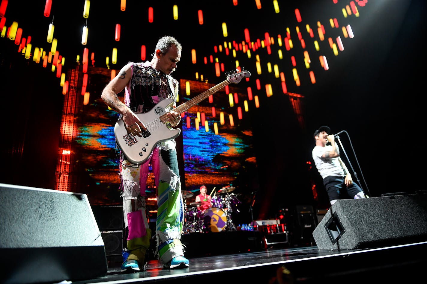 Bassist Flea led the Red Hot Chili Peppers through their last gig in town at Target Center in 2017.