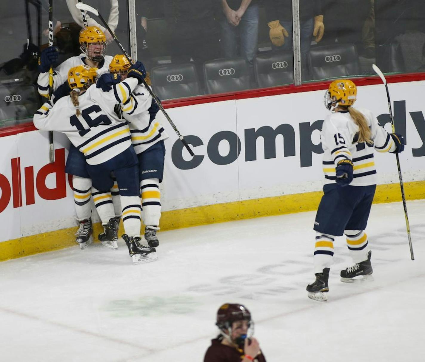 Breck's Olivia Mobley (17) and her teammates celebrated a goal she scored against Fergus Falls in the third period