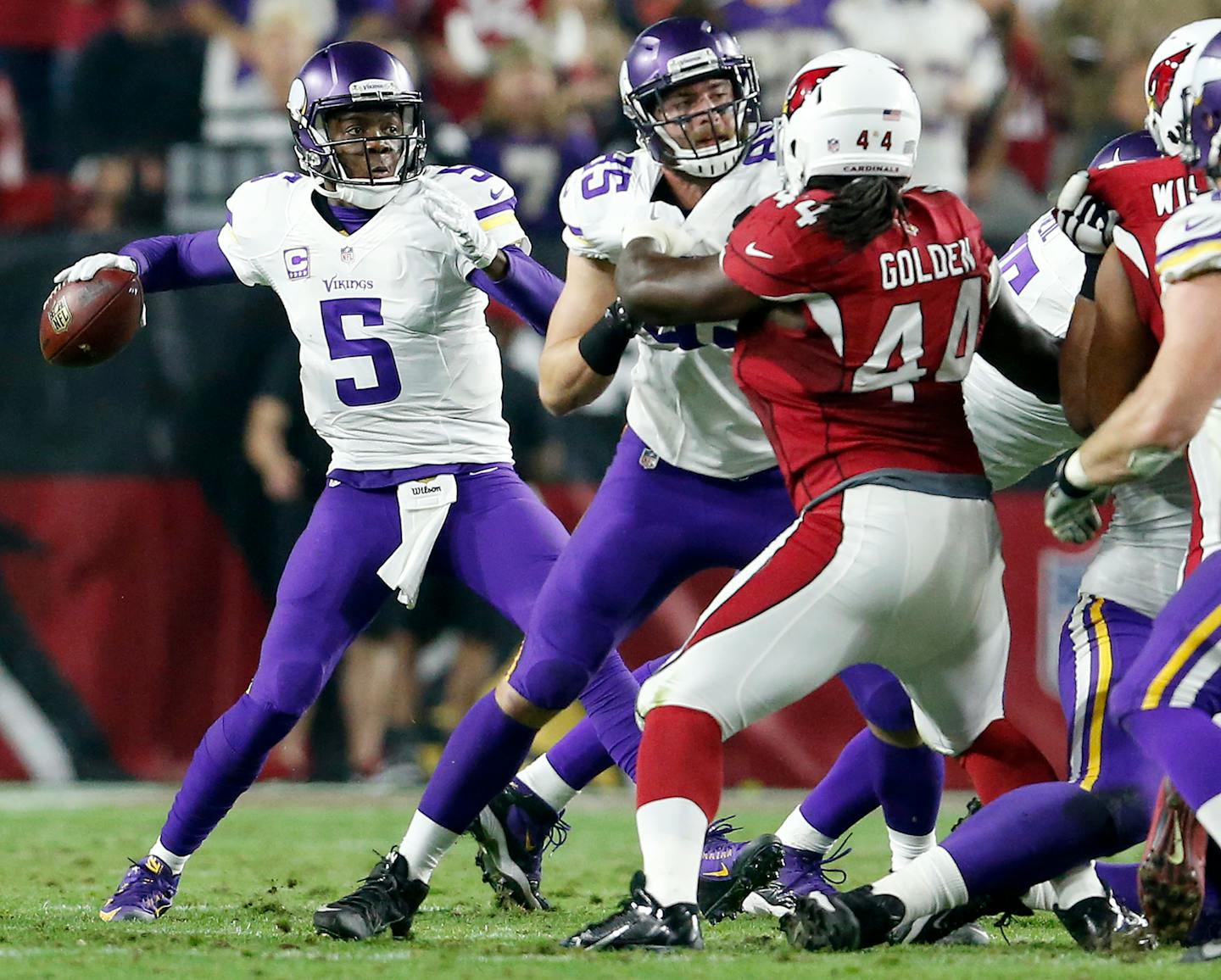 Teddy Bridgewater got extra time to throw Thursday night when players such as tight end Rhett Ellison (85) picked up a Cardinals rusher. Bridgewater passed for 335 yards.