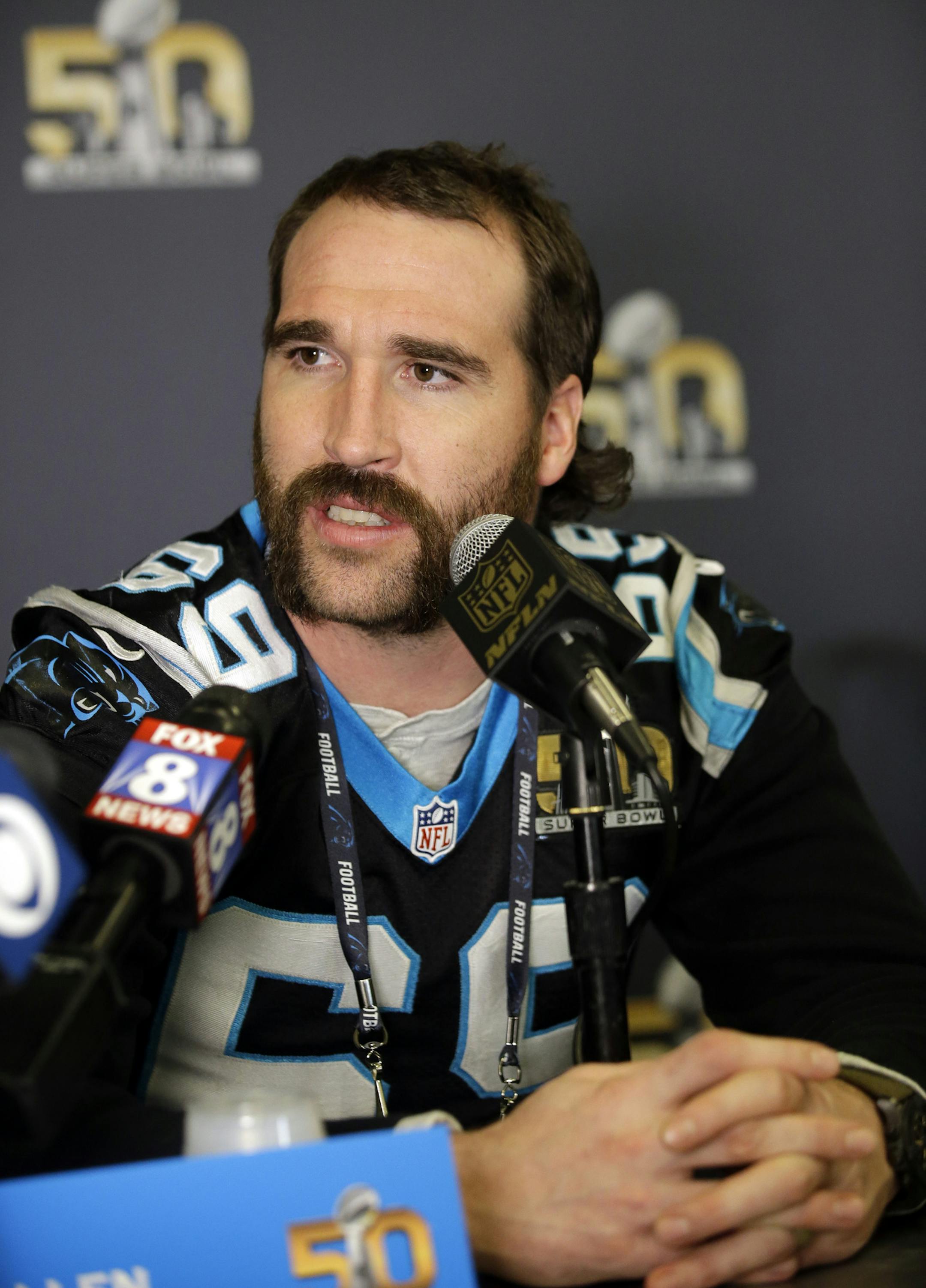 Carolina Panthers defensive end Jared Allen answers questions during a press conference Tuesday, Feb. 2, 2016 in San Jose, Calif. Carolina plays the Denver Broncos in the NFL Super Bowl 50 football game Sunday, Feb. 7, 2015, in Santa Clara, Calif. (AP Photo/Marcio Jose Sanchez)