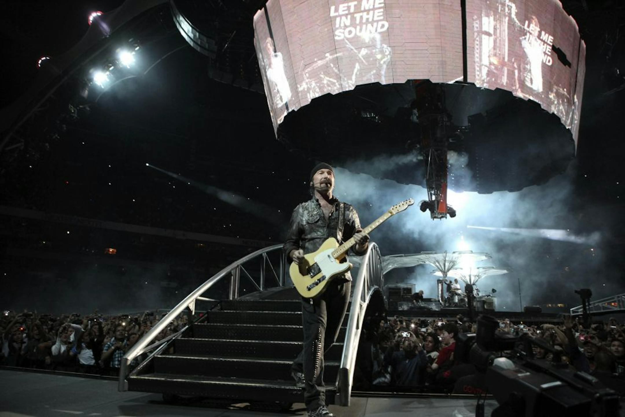 The Edge, of the Irish rock band U2, performs in concert during the 360 world tour at the Azteca stadium in Mexico City, Wednesday, May 11, 2011.