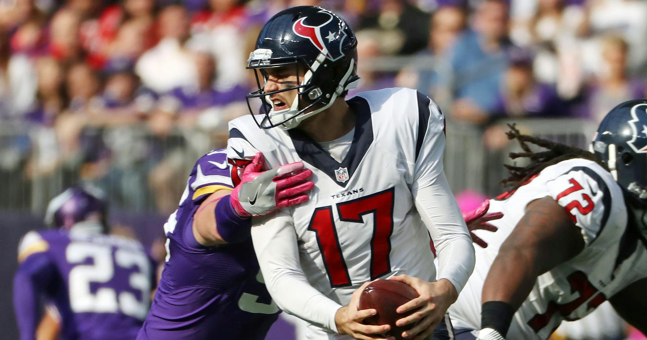 Defensive end Brian Robison pressured Houston quarterback Brock Osweiler on what seemed like a routine Sunday for the Vikings defense.
