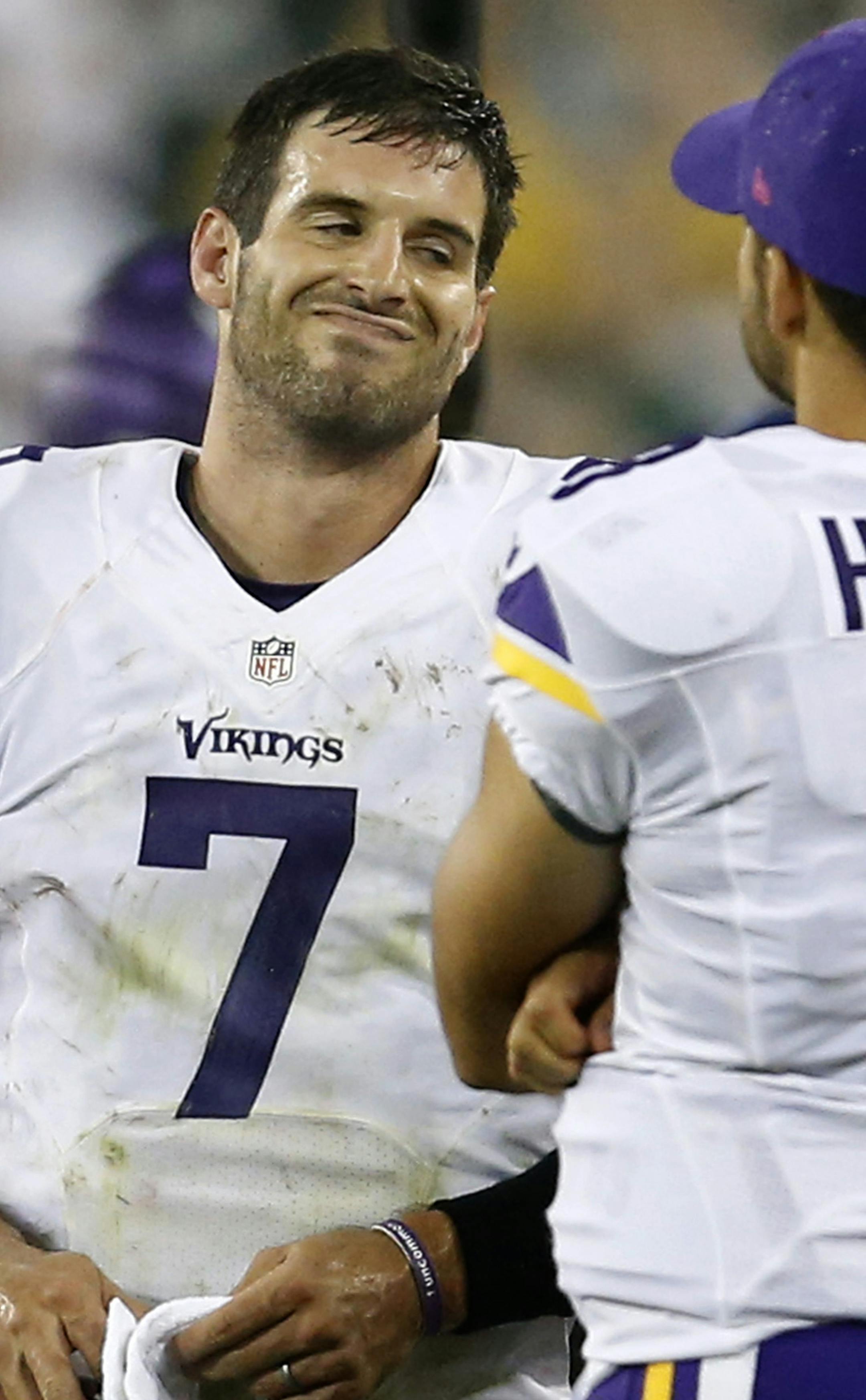 Vikings quarterback Christian Ponder (7) reacted after watching a replay of a Matt Asiata fumble in the second quarter. ] CARLOS GONZALEZ cgonzalez@startribune.com - October 2, 2014 , Green Bay, WI NFL, Lambeau Field, Minnesota Vikings vs. Green bay Packers