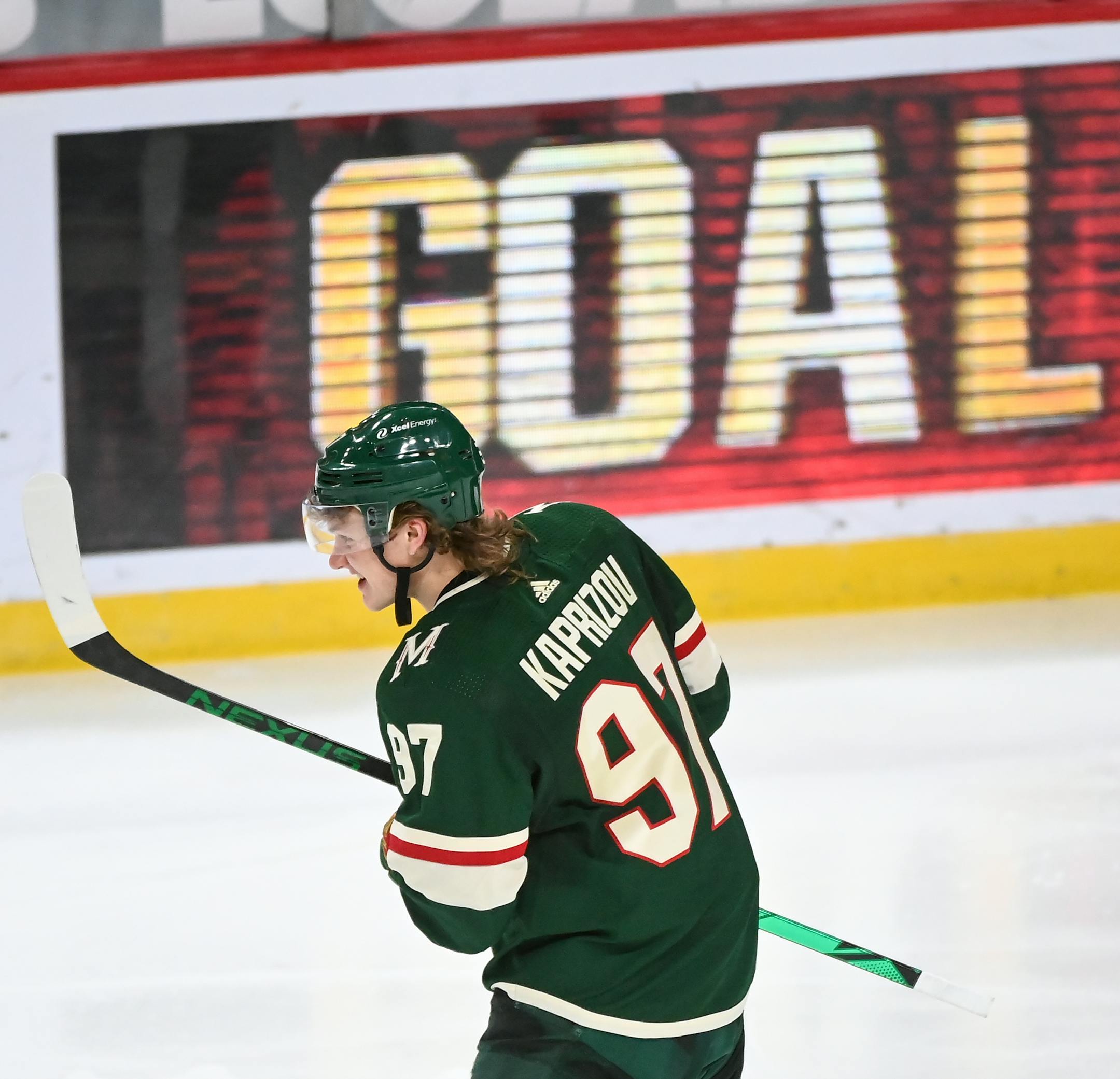 Minnesota Wild left wing Kirill Kaprizov (97) celebrated his third period goal against the Vegas Golden Knights.    ] AARON LAVINSKY • aaron.lavinsky@startribune.com