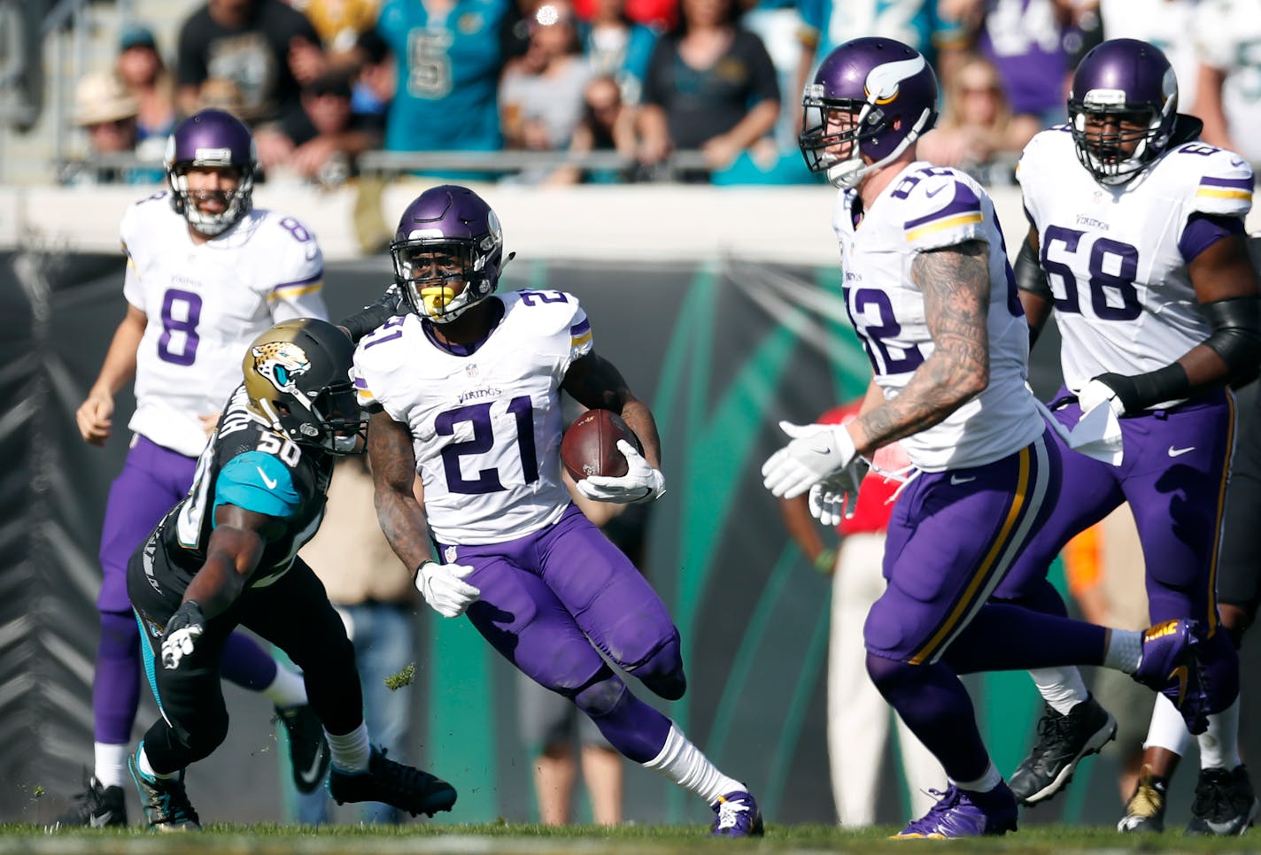 Vikings running back Jerick McKinnon cut back on Jacksonville linebacker Telvin Smith while picking up a first down in the second quarter. McKinnon and Smith would meet again later in the game, with the advantage again going to McKinnon.