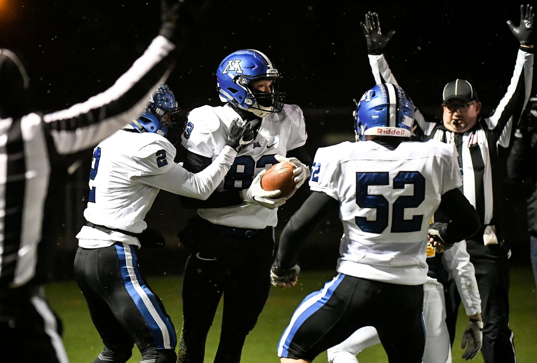 Teammates celebrated with Minnetonka wide receiver Jackson Owens (83) after he scored the game-winning touchdown late in the fourth quarter against Prior Lake. ] AARON LAVINSKY ï aaron.lavinsky@startribune.com Prior Lake played Minnetonka in a Class 6A State Tournament quarterfinal game on Friday, Nov. 10, 2017 at Osseo High School in Osseo, Minn.