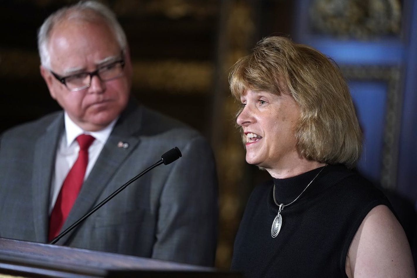 Jodi Harpstead spoke at a press conference at the State Capitol after being announced as the new Department of Human Services commissioner by Gov. Tim Walz.