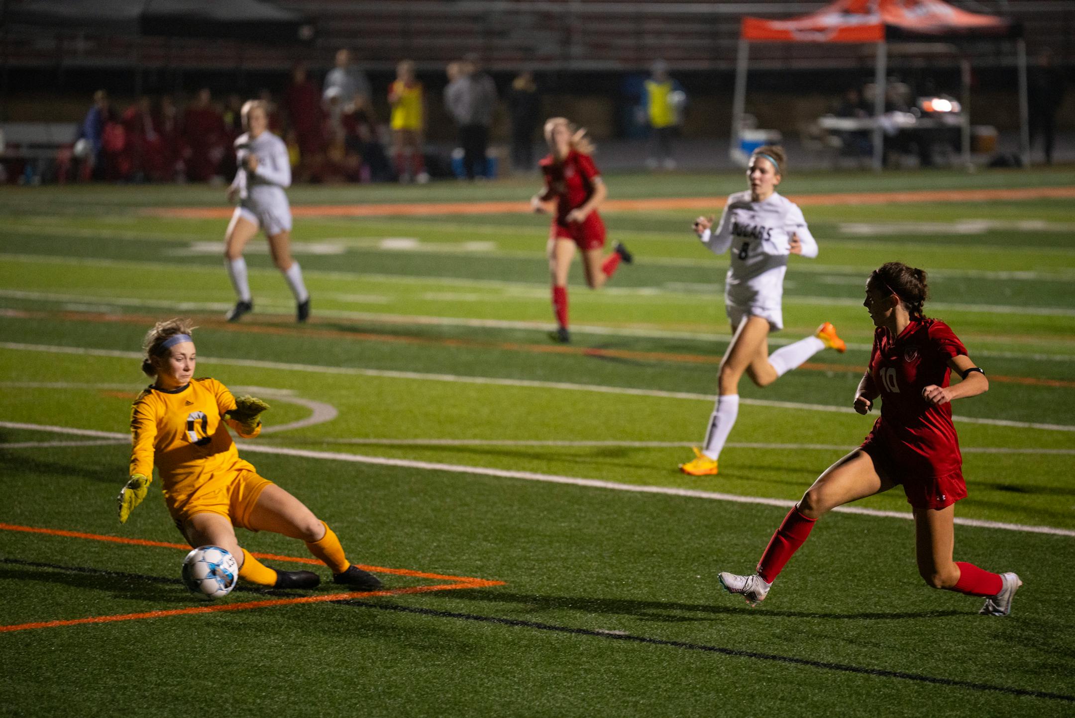 Benilde-St. Margaret's Kiya Gilliand slipped a shot past Mankato East keeper Ashley Fischer that was side of the goal in the second half.