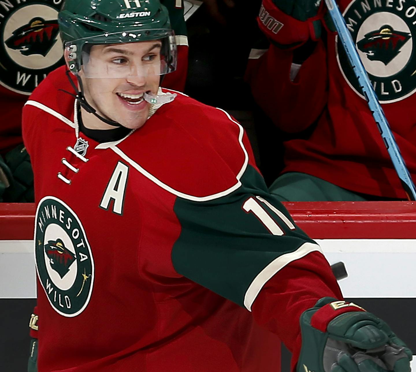 Zach Parise (11) smiled after a goal in the first period. Parise scored three in the first for a hat trick. ] CARLOS GONZALEZ cgonzalez@startribune.com - March 24, 2016, St. Paul, MN, Xcel Energy Center, NHL, Hockey, Minnesota Wild vs. Calgary Flames