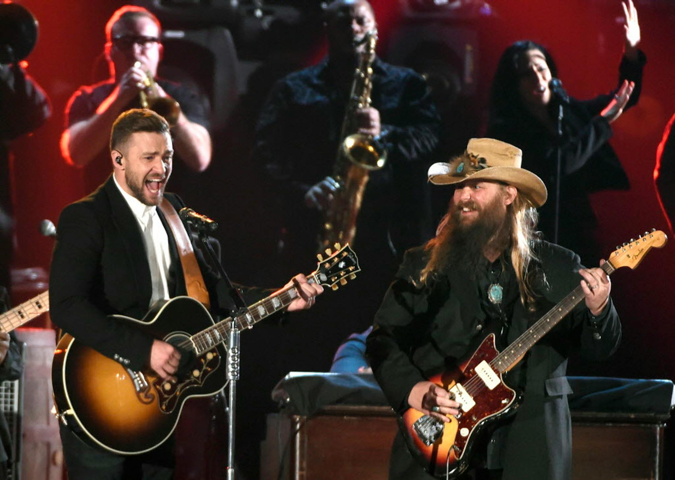 Justin Timberlake, left, and Chris Stapleton perform at the 49th annual CMA Awards at the Bridgestone Arena on Wednesday, Nov. 4, 2015, in Nashville.