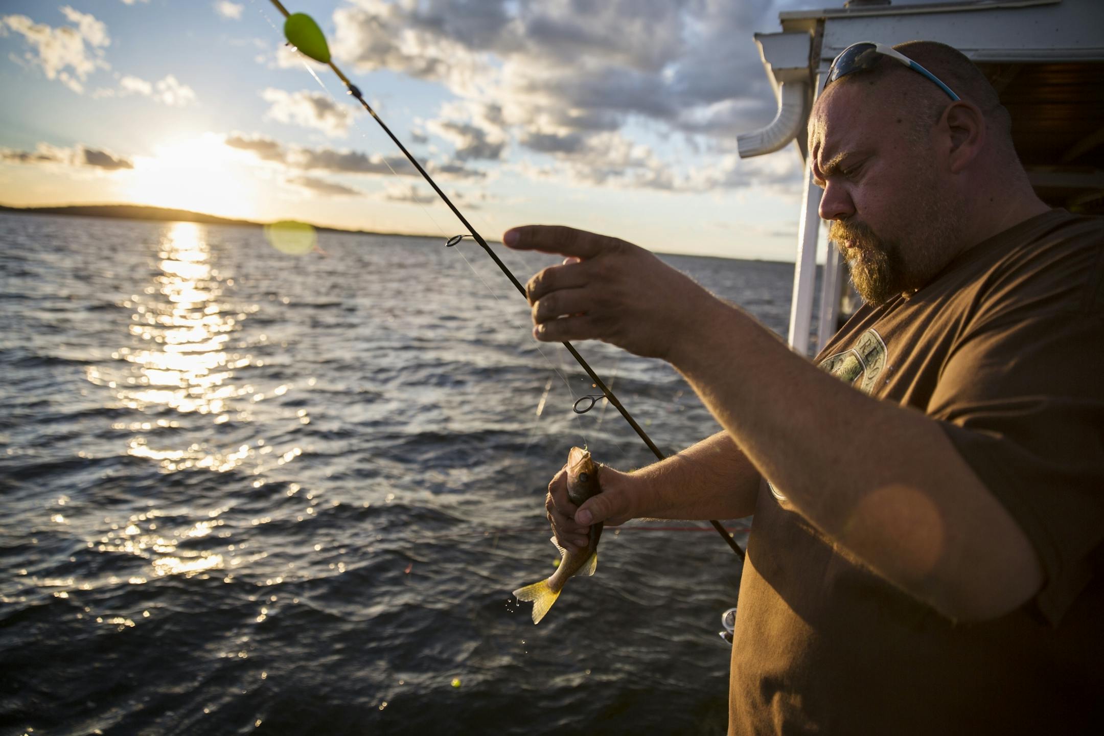 Captain Travis Koster helps a customer bring in a walleye during a fishing expedition with Twin Pines Resort on Mille Lacs Lake Monday, August 3, 2015.