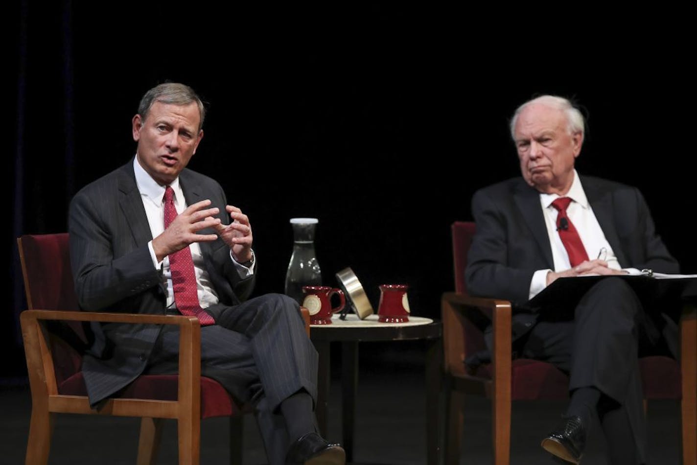 U.S. Chief Justice John Roberts left, answered a student's question following his conversation with Prof. Robert A. Stein at Northrop Auditorium on Tuesday afternoon.