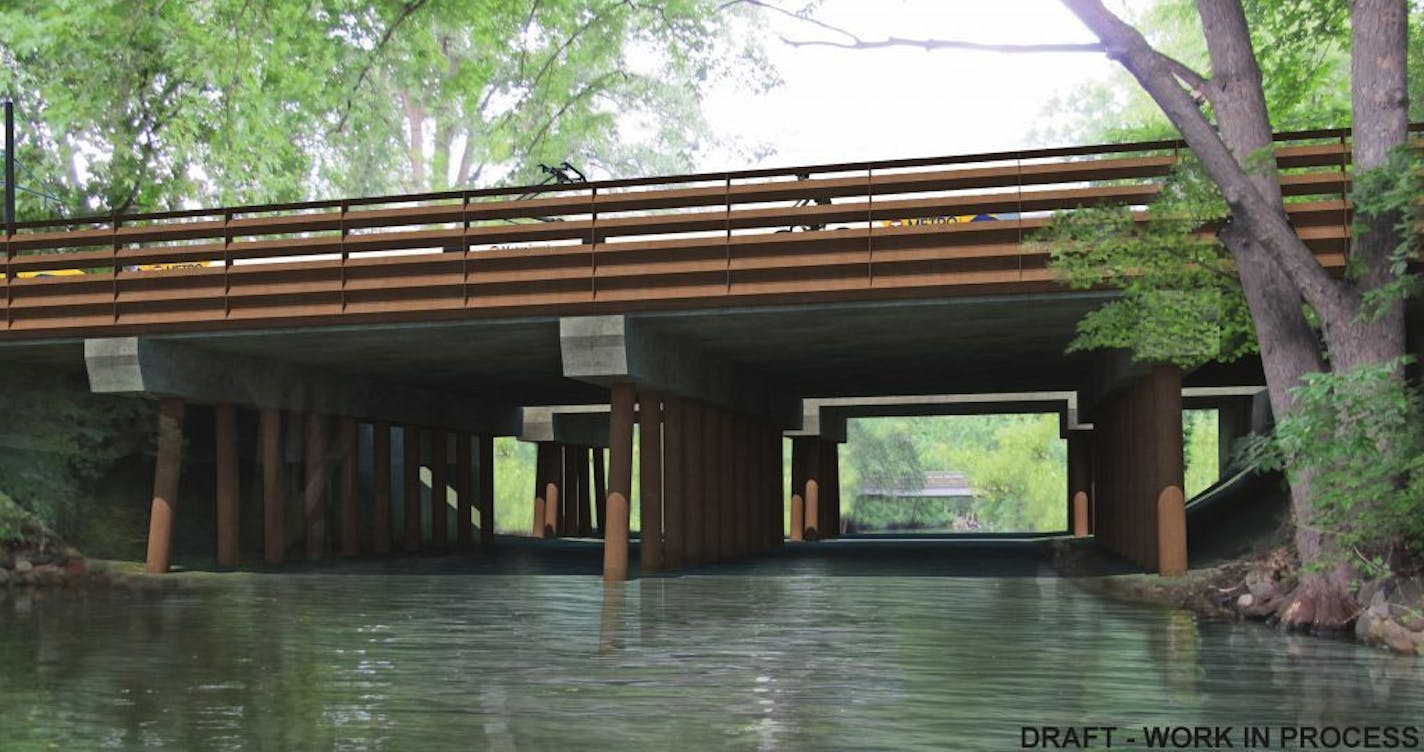 Steel Pier Concept: canted (angled) steel pier made of natural steel would support a concrete deck with natural steel railings that will weather in a couple of years to a warm brown patina. This concept would use natural steel to reinterpret the existing wooden railroad bridge. View is looking west with the Burnham Road Bridge in the background.