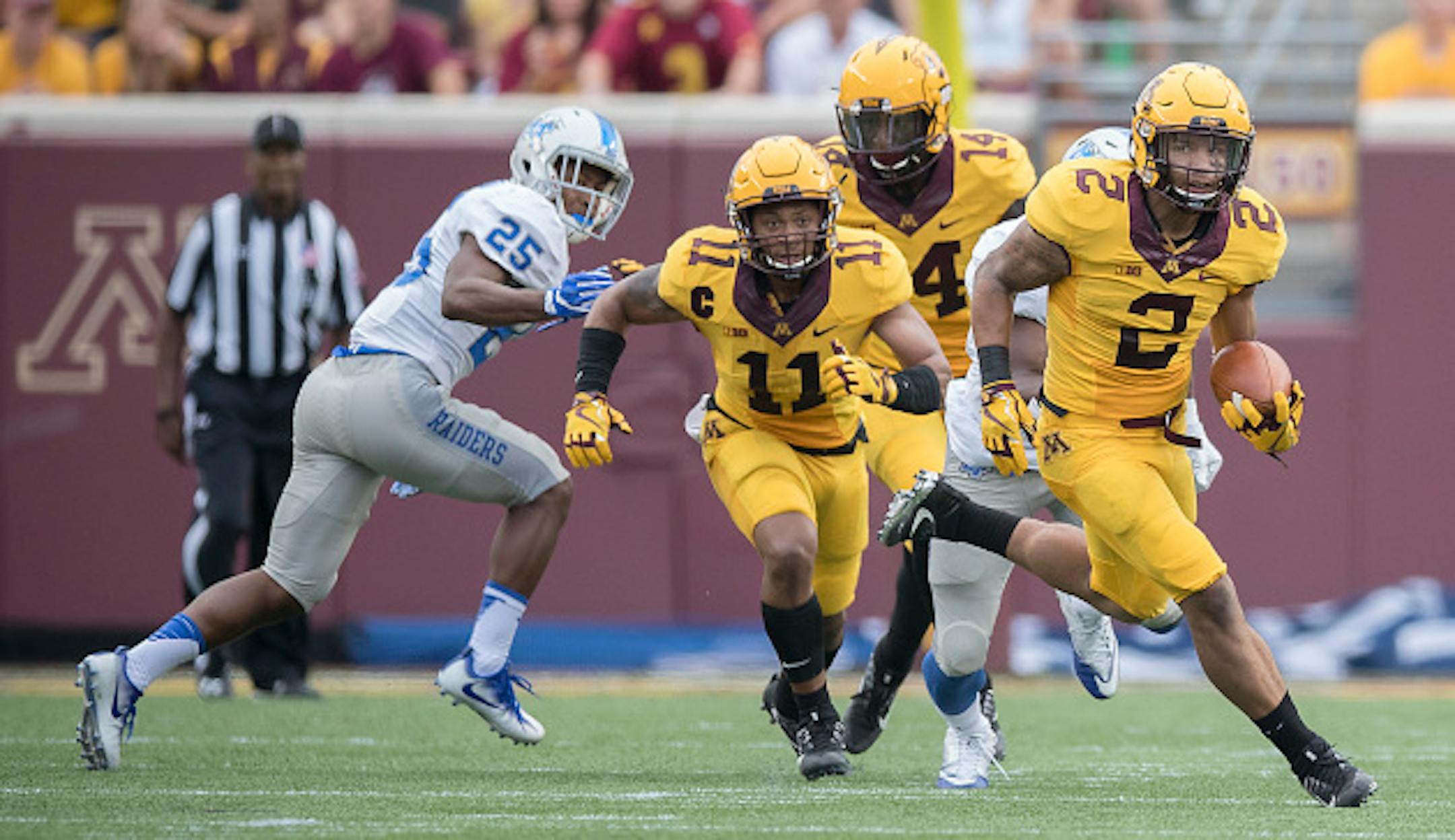 Minnesota's Jacob Huff (2) intercepted a pass and returns it for a 67-yard-touchdown during the second quarter against Middle Tennessee at TCF Bank Stadium, Saturday, Sept. 16, 2017, in Minneapolis. The host Gophers won, 34-3. (Elizabeth Flores/Minneapolis Star Tribune/TNS) ORG XMIT: 1211274