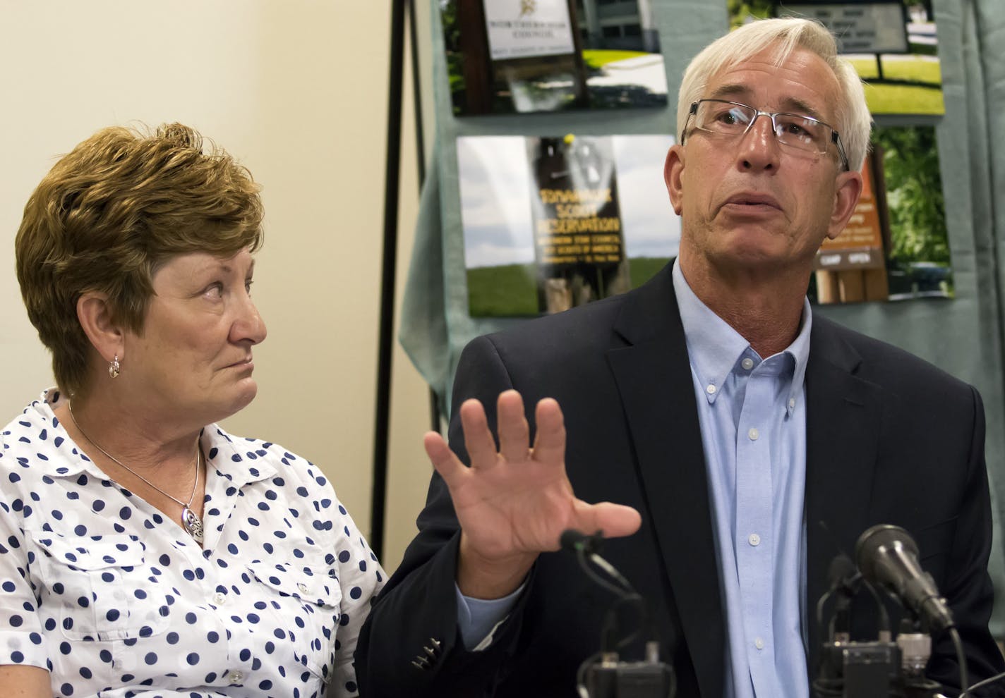 Ramsey County Board Chairman Jim McDonough alleges that he was abused repeatedly by an adult scoutmaster in the late 1960s and early 1970s. Here, McDonough speaks emotionally about his abuse while in the Boy Scouts. His wife, Carol, was at his side.